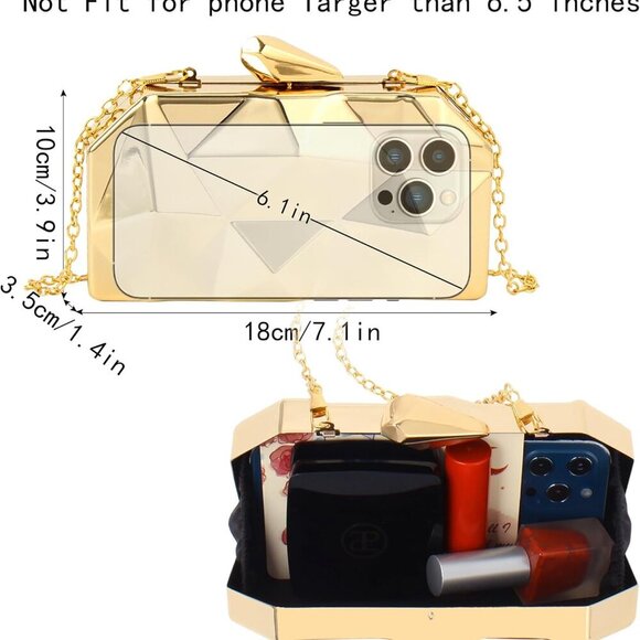 Women Metal Clutch Purse Small Evening Bag Geometric Gold with Chain - Picture 3 of 8